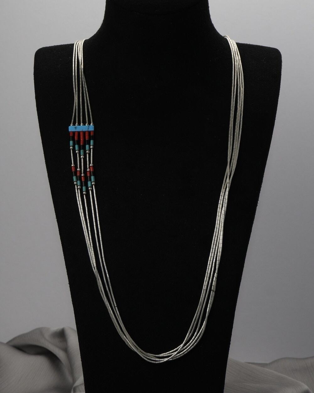 Vintage Navajo Sterling Silver 5 Strand Multicolor Stones Necklace 15.3G / 26in
